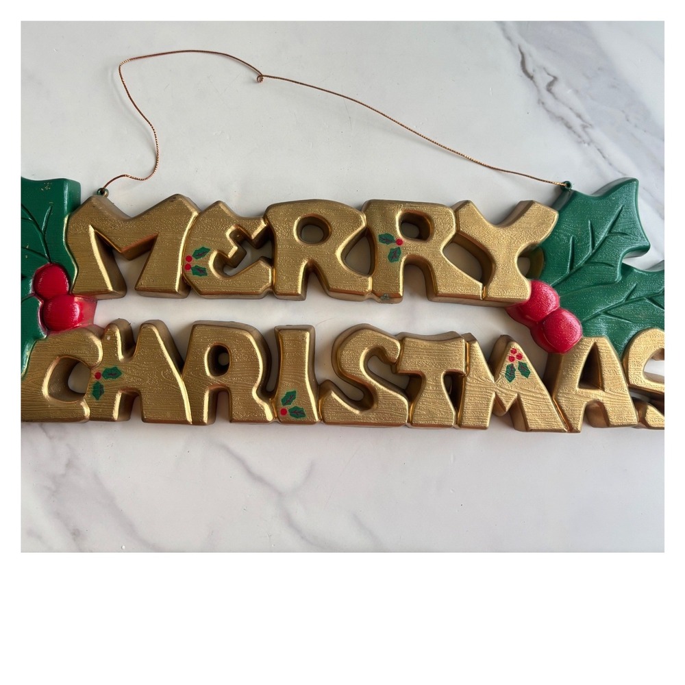 Vintage Merry Christmas Wall Hanging Sign Gold Plastic Holly Berries 13 Inch